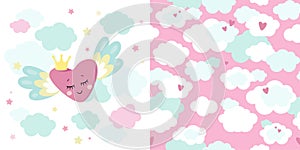 Set of cute magical unicorn theme and seamless pattern. Little princess theme.